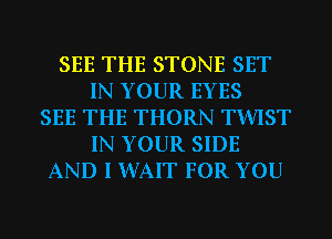 SEE THE STONE SET
IN YOUR EYES
SEE THE THORN TWIST
IN YOUR SIDE
AND I WAIT FOR YOU