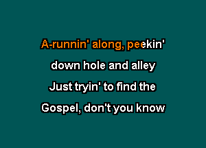 A-runnin' along, peekin'
down hole and alley

Just tryin' to fund the

Gospel, don't you know