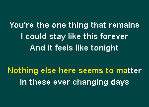 You're the one thing that remains
I could stay like this forever
And it feels like tonight

Nothing else here seems to matter
In these ever changing days