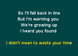So I'll fall back in line
But I'm warning you
We're growing up
I heard you found

I didn't mean to waste your time