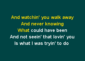 And watchin' you walk away
And never knowing

What could have been
And not seein' that lovin' you
Is what I was tryin' to do