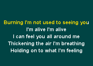 Burning I'm not used to seeing you
I'm alive I'm alive
I can feel you all around me
Thickening the air I'm breathing
Holding on to what I'm feeling