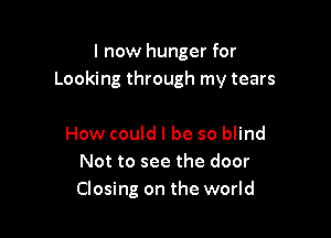I now hunger for
Looking through my tears

How could I be so blind
Not to see the door
Closing on the world