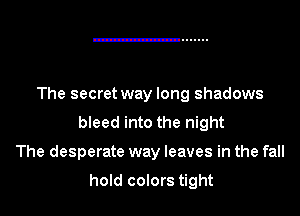 The secret way long shadows

bleed into the night

The desperate way leaves in the fall

hold colors tight