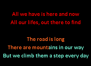 All we have is here and now
All our lifes, out there to find

The road is long
There are mountains in our way
But we climb them a step every day