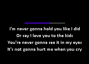 I'm never gonna hold you like I did
Or say I love you to the kids
You're never gonna see it in my eyes

It's not gonna hurt me when you cry