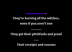 They're burning all the witches,
even if you aren't one

.....

Their receipts and reasons I