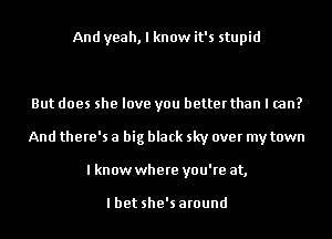 And yeah, I know it's stupid

But does she love you better than I can?
And there's a big black sky over my town
lknowwhere you're at,

lbet she's around