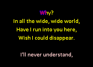 Why?
In all the wide, wide world,
Have I run into you here,
Wish I could disappear.

I'll never understand,
