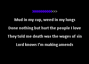 W
Mud in my cup, weed in my lungs
Done nothing but hurt the people I love
They told me death was the wages of sin

Lord knows I'm makingamends