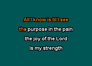 All I know is til I see

the purpose in the pain

the joy of the Lord
Is my strength