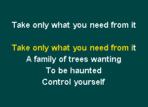 Take only what you need from it

Take only what you need from it

A family of trees wanting
To be haunted
Control yourself