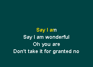 Say I am

Say I am wonderful
Oh you are
Don't take it for granted no