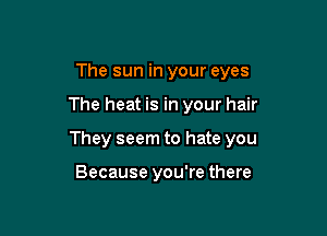 The sun in your eyes

The heat is in your hair

They seem to hate you

Because you're there