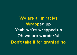 We are all miracles
Wrapped up

Yeah we're wrapped up
Oh we are wonderful

Don't take it for granted no