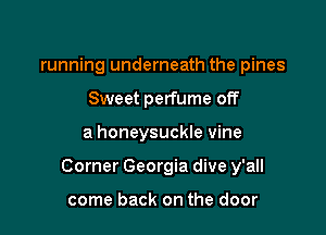 To the Chattahoochee River
running underneath the pines
Sweet perfume off
a honeysuckle vine
Corner Georgia dive y'all

come back on the door