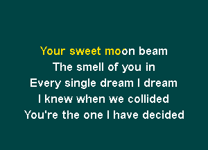 Your sweet moon beam
The smell of you in

Every single dream I dream
I knew when we collided
You're the one I have decided