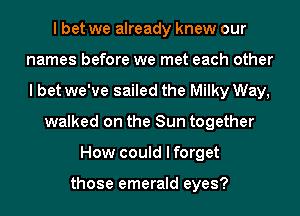 I bet we already knew our
names before we met each other
I bet we've sailed the Milky Way,
walked on the Sun together
How could I forget

those emerald eyes?