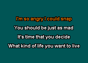 I'm so angryl could snap
You should bejust as mad

It's time that you decide

What kind of life you want to live