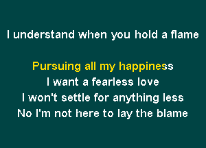 I understand when you hold a flame

Pursuing all my happiness
I want a fearless love
I won't settle for anything less
No I'm not here to lay the blame