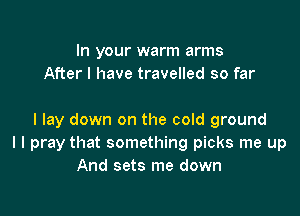 In your warm arms
After I have travelled so far

I lay down on the cold ground
I I pray that something picks me up
And sets me down