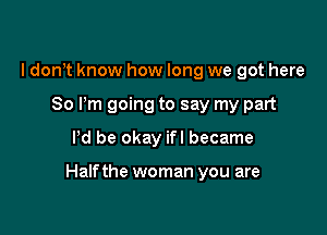 I don t know how long we got here
80 Pm going to say my part
Pd be okay ifl became

Halfthe woman you are