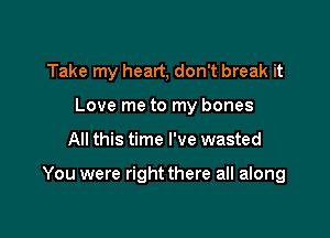 Take my heart, don't break it
Love me to my bones

All this time I've wasted

You were right there all along