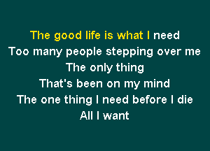The good life is what I need
Too many people stepping over me
The only thing
That's been on my mind
The one thing I need before I die
All I want