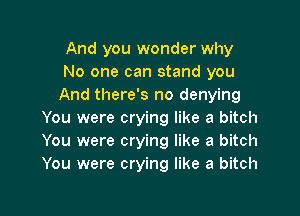 And you wonder why
No one can stand you
And there's no denying

You were crying like a bitch
You were crying like a bitch
You were crying like a bitch