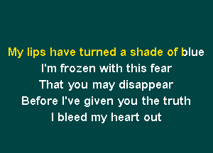 My lips have turned a shade of blue
I'm frozen with this fear
That you may disappear
Before I've given you the truth
I bleed my heart out