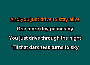 And you just drive to stay alive
One more day passes by
You just drive through the night

'Til that darkness turns to sky