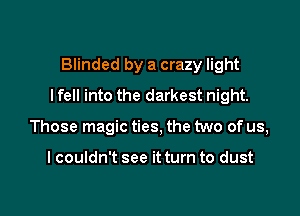 Blinded by a crazy light
I fell into the darkest night.

Those magic ties, the two of us,

I couldn't see it turn to dust