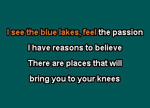 I see the blue lakes, feel the passion
I have reasons to believe

There are places that will

bring you to your knees