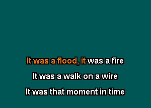 It was a flood, it was a fire

It was a walk on a wire

It was that moment in time