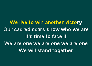 We live to win another victory
Our sacred scars show who we are
It's time to face it
We are one we are one we are one
We will stand together