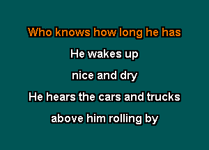 Who knows how long he has
He wakes up
nice and dry

He hears the cars and trucks

above him rolling by