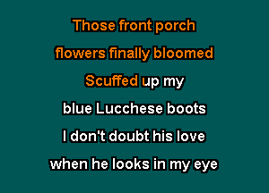 Those front porch
flowers finally bloomed
Scuffed up my
blue Lucchese boots

I don't doubt his love

when he looks in my eye
