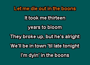 Let me die out in the boons
It took me thirteen
years to bloom

They broke up, but he's alright

We'll be in town 'til late tonight

I'm dyin' in the boons l