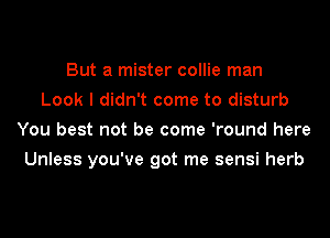 But a mister collie man
Look I didn't come to disturb
You best not be come 'round here
Unless you've got me sensi herb