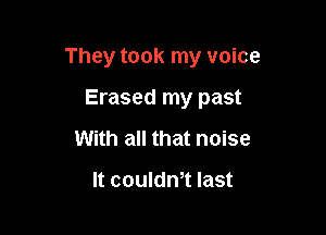 They took my voice

Erased my past
With all that noise

It couldn,t last