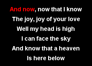 And now, now that I know
The joy, joy of your love
Well my head is high

I can face the sky
And know that a heaven

Is here below