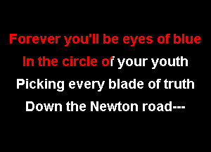 Forever you'll be eyes of blue
In the circle of your youth
Picking every blade of truth
Down the Newton road---