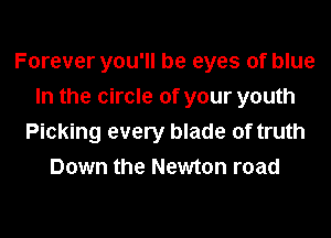 Forever you'll be eyes of blue
In the circle of your youth
Picking every blade of truth
Down the Newton road