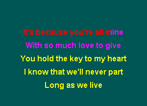 You hold the key to my heart
I know that we'll never part

Long as we live