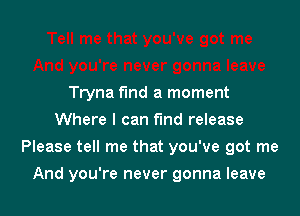 Tryna find a moment
Where I can find release

Please tell me that you've got me

And you're never gonna leave