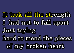 It took all the strength

I had not to fall apart

Just trying

hard to mend the pieces
of my broken heart