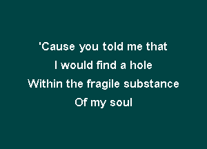 'Cause you told me that
I would fund a hole

Within the fragile substance

Of my soul