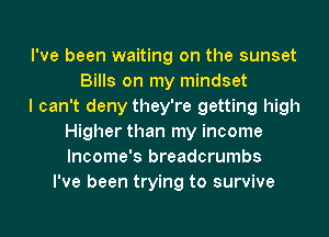 I've been waiting on the sunset
Bills on my mindset
I can't deny they're getting high
Higher than my income
lncome's breadcrumbs
I've been trying to survive