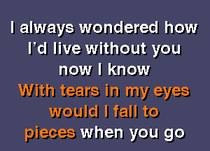 I always wondered how
Pd live without you
now I know
With tears in my eyes
would lfall to
pieces when you go