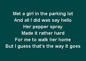Met a girl in the parking lot
And all I did was say hello
Her pepper spray

Made it rather hard
For me to walk her home
But I guess that's the way it goes